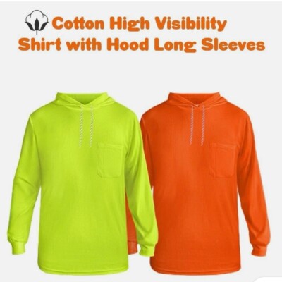 2 pack 0528M Summer Cotton High Visibility T Shirt Safety Long Sleeve with Hood