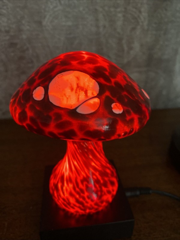 Stuart  Abelman  Signed hand blown red mushroom with white inclusions