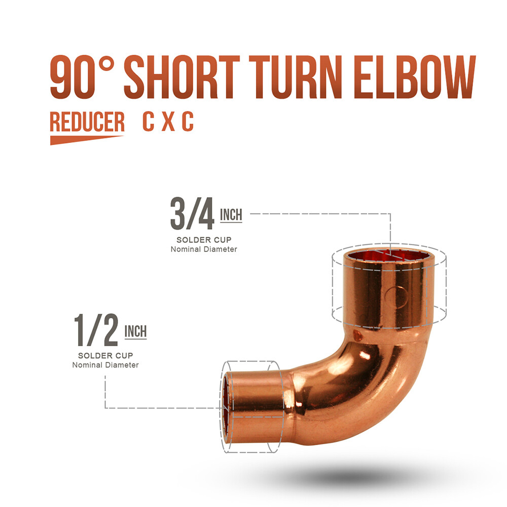 3/4 x 1/2"  C x C  90° Short Radius Reducing Elbow Copper Fitting