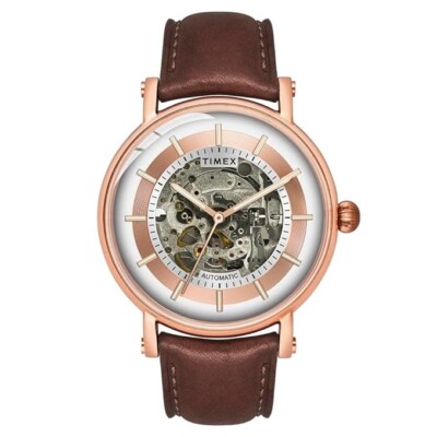 TIMEX Mens 44 mm E Class Silver Dial Brown Leather Strap Analogue Watch
