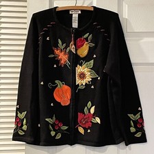 Tiara International Fall Embroidery Patch Cardigan Sweater L Black Autumn Floral