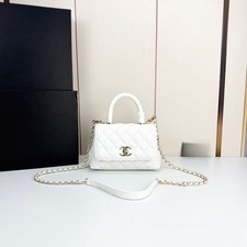 Women's White Quilted Leather Handbag, Top Handle Chain Crossbody Shoulder Bag