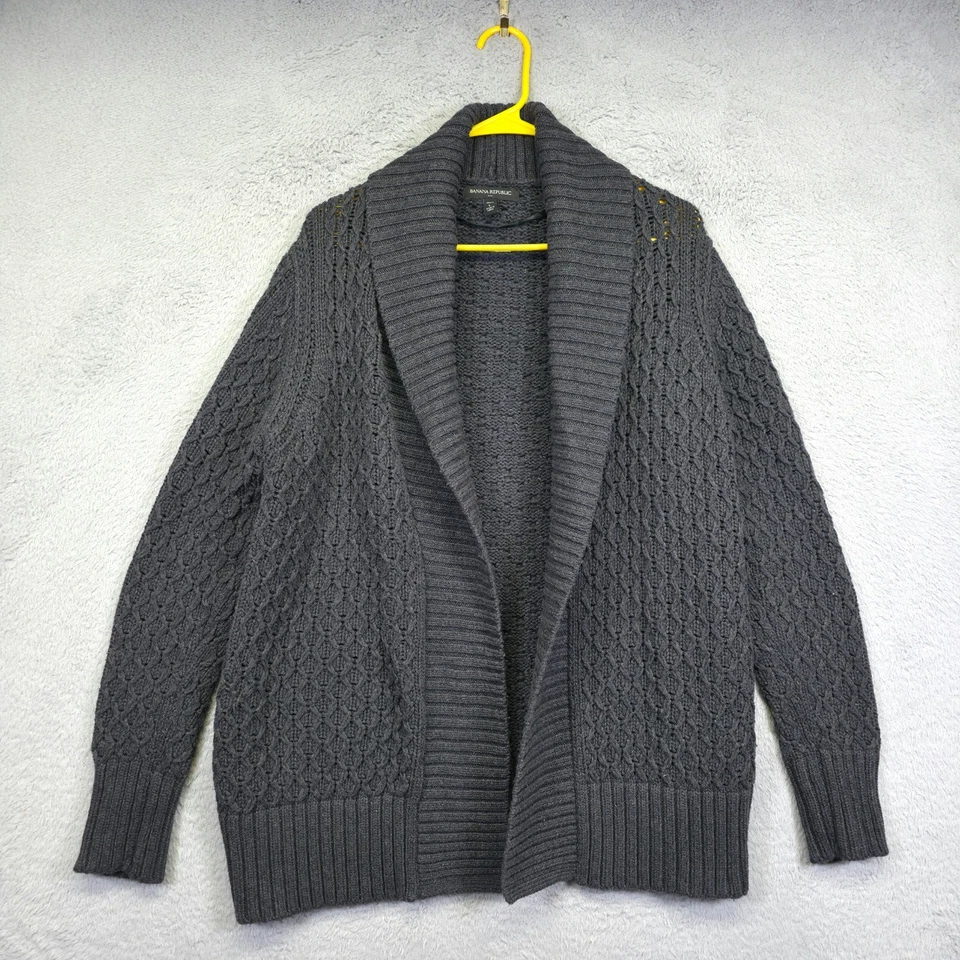 Banana Republic 粗线针织开衫毛衣女式 L 小号灰色披肩 — 第 2/4 张图片
