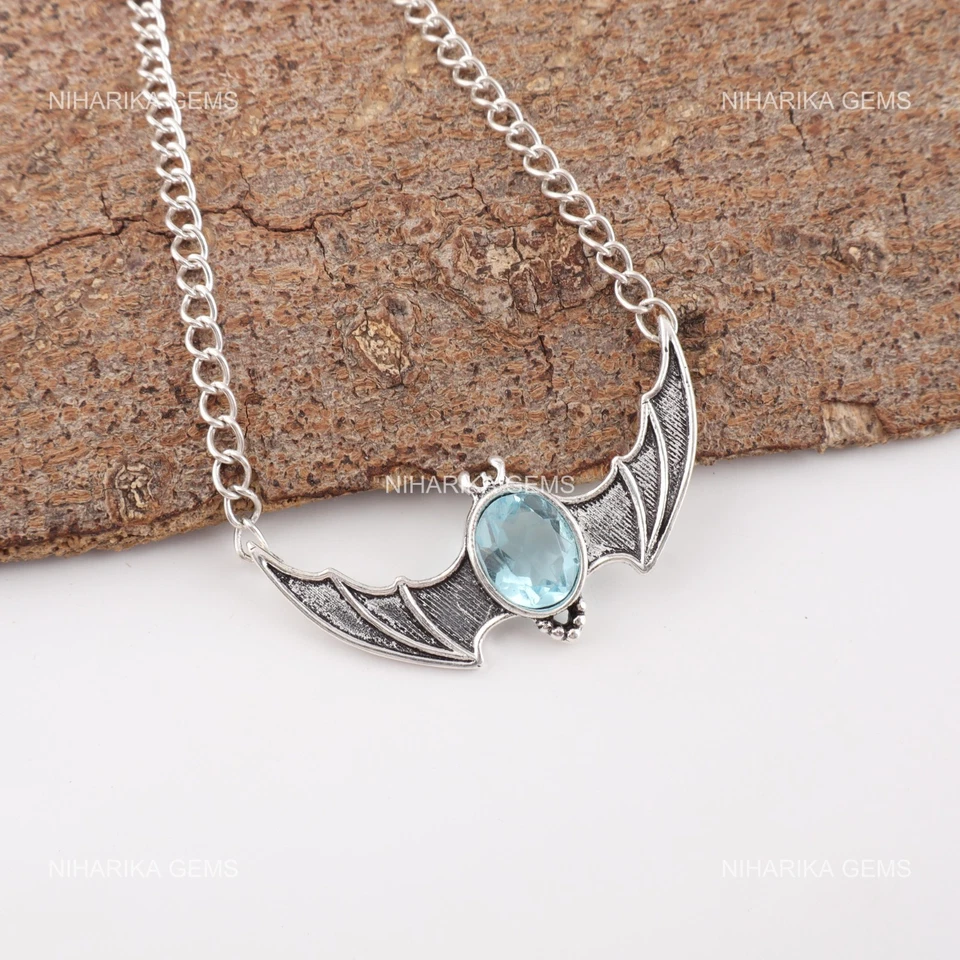 925 Argento Sterling Ovale Topazio Blu Cielo Pietra Etnico Figlie Day Ciondolo - Immagine 3 di 4