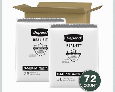 Depend Real Fit Adult Diapers, Disposable Underwear for Men, S/M, Gray, 72 ct