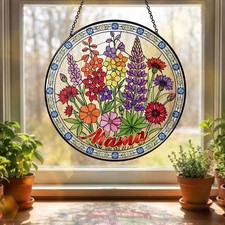 Personalized Mama Garden Suncatcher, Mama Flower Stained Glass Window Hanging