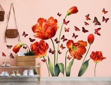 Large Pink Red Flowers Wall Stickers Removable Floral and Butterfly Wall Deca...