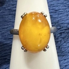 Vintage Sterling Silver 925 Oval Yellow Egg Yolk Amber Ring, Size 8