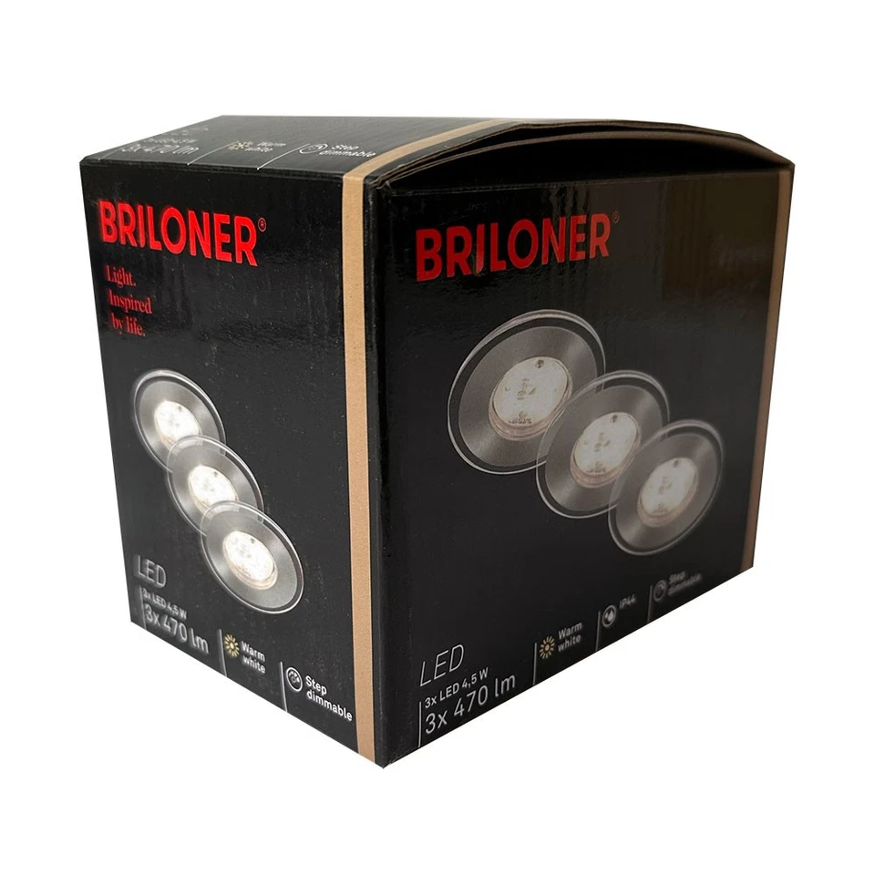 3 x Briloner LED Einbauleuchten Nickel matt IP44 3 x 5,5W 3000K 3-Stufen-Dimmbar - Bild 1 von 1