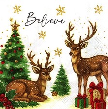 (2) Servilletas de papel para bebidas decoupage/medios mixtos - Reno con árboles Navidad