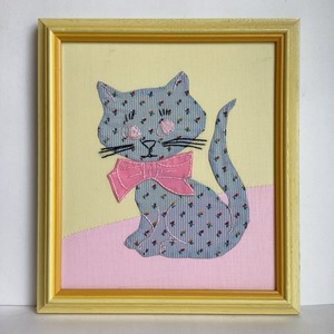 Vintage Framed Embroidered Appliqué Cat Wall Art Fabric Nursery Kitten Bow 14x12