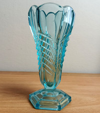 Art Deco Davidson Blue Glass Chevron Vase c1930s 16cm Turquoise Pressed Glass