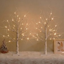 White Birch Tree with LED Lights, Lighted Birch Tree for Tabletop, USB/Batter...
