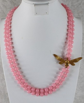 Signed RICHELIEU By BILL SMITH Pendant Gold Dragonfly Long Pink Beads Necklace