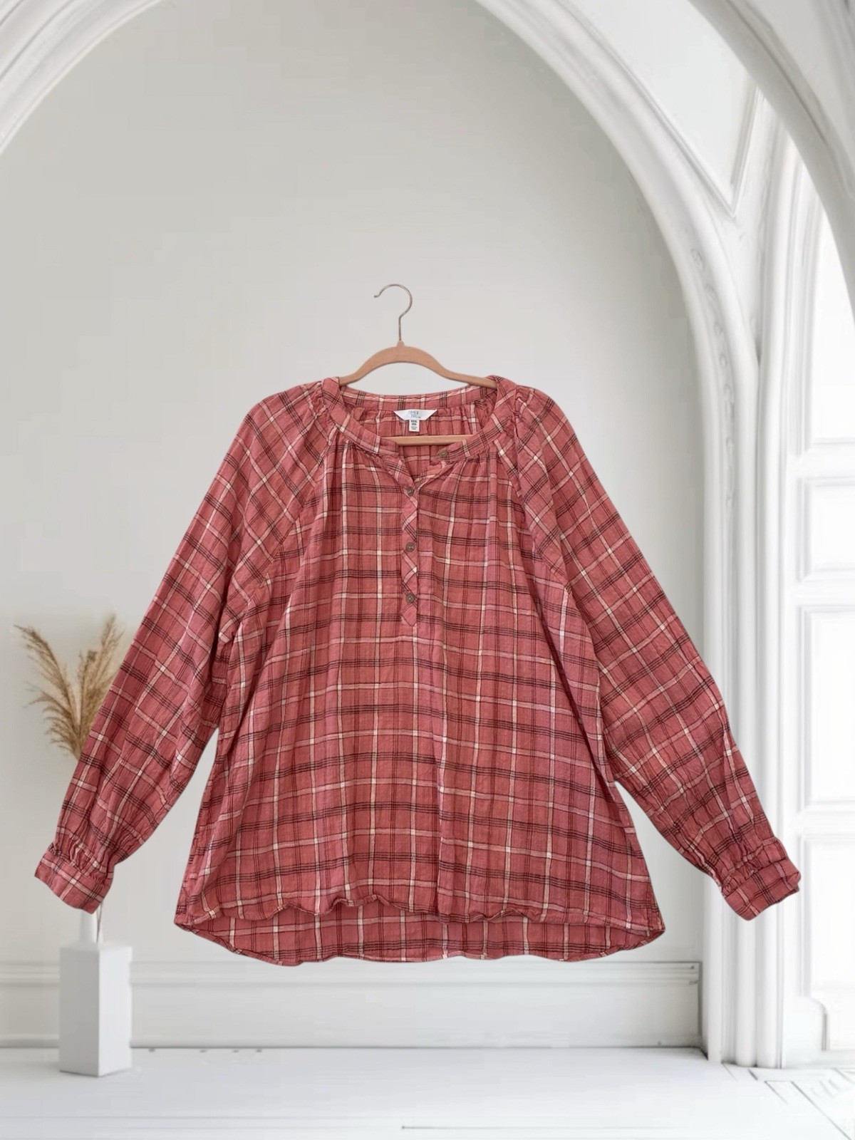 Time & Tru Women’s Pink Plaid Long Sleeve Woven Top Size XXL 22