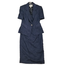 Vintage 90s Power Suit 3pc Navy Jacquard Blazer Skirt Satin Top Set Size 42