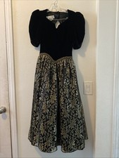 Vintage Jessica McClintock Black Velvet Gold Lace Evening Dress Size 4