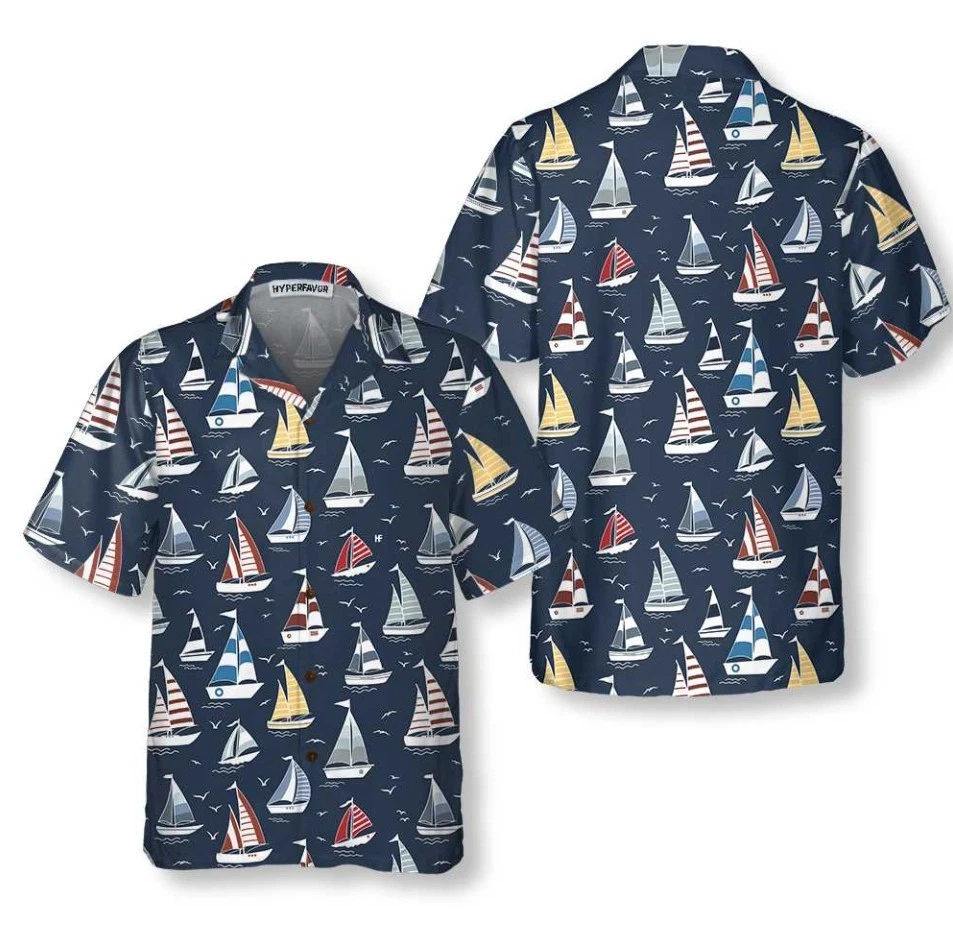 Cartoon Boat Pattern Hawaiian Shirt, Short Sleeve Sailboat Shirt, Unique