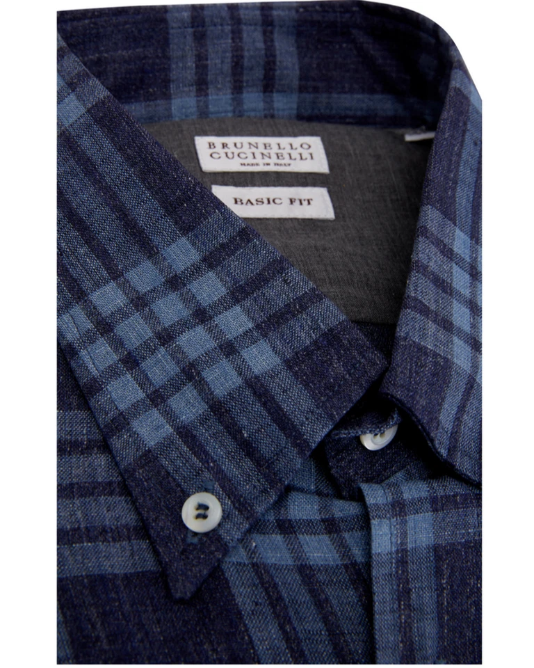 Brunello Cucinelli Mens Linen Blue Plaid Shirt - Image 2 of 4