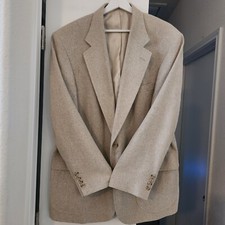 VINTAGE Lands End Blazer Twill Coat Mens 42R 100% Silk Made In USA Beige Jacket