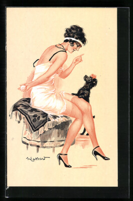 artist postcard signed Wassard: Dark-haired woman in petticoat playing with dog nude 