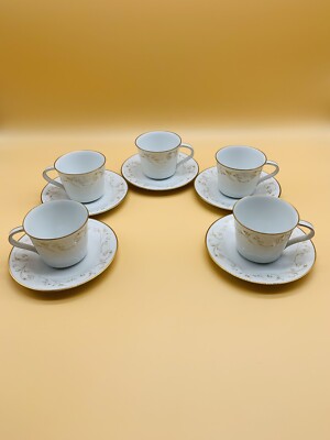 Noritake Duetto 6610 Set Of 5 Coffee Cups & Saucers-EUC