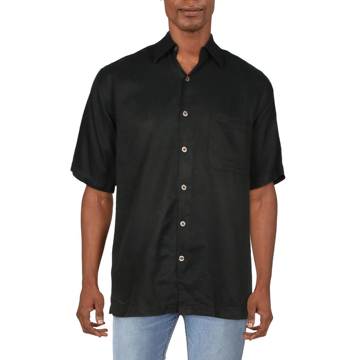 Карибский мужской черный топ из смесового шелка с воротником-стойкой на пуговицах S BHFO 9786