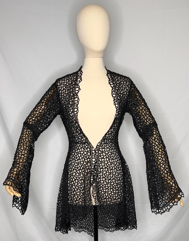 Abrigo de noche de encaje negro, elegante y hecho a mano, único en su clase, 8-10 Foto 3 de 4