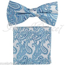 Turquoise Paisley Pre-tied Bow tie and Pocket Square Hanky Set Party Wedding