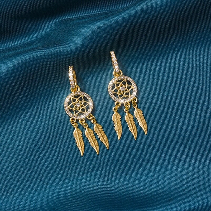 Women's Fashion Jewelry Gold Feather Dream Catcher Boho Drop Earrings 1-172 - Image 3 of 4