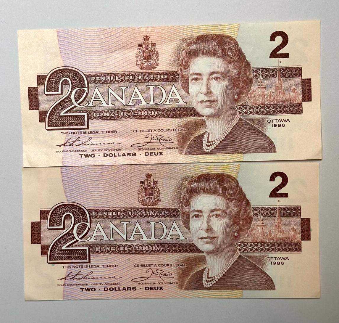 Canada 1986 Two Dollar Banknotes $2 Bills - EGJ5229195 EGJ5229196