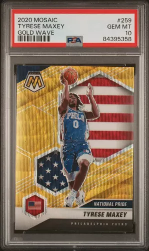 Graded 2020 Panini Mosaic Tyrese Maxey #259 Gold Wave RC Basketball Card PSA 10