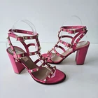 Valentino Rockstud City Block Heel Strappy Pink Leather Sandal Heels 36