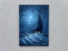 Original Midnight Sea Oil Painting, Teal Moonlit Sailboat Miniature Nautical Art
