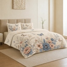 Botanical Butterfly Quilt Set 3PCS Soft Floral Coverlet Bedding