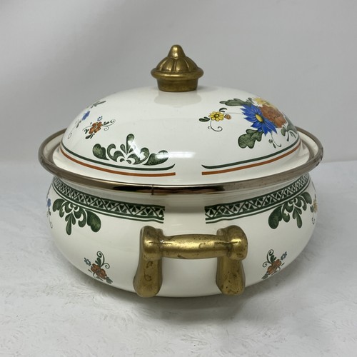ASTA Enamelware Dutch Oven Pan/ Pot Lid Casserole Floral 1960s Brass Handles VTG - Picture 4 of 11