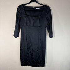 Calvin Klein Black Satin Sheath Dress Squared Neck 3/4 Sleeves 16” PtP Measure