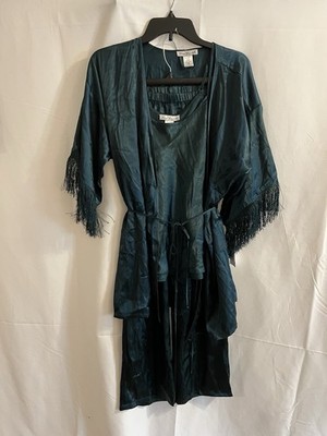 Linea Donatella 3-Pc. Satin Fringe Robe, Cami & Pants Set, Pine Green Small $84