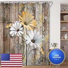 JAWO Farmhouse Yellow Daisy Shower Curtain with Hooks, Brown Wooden Board