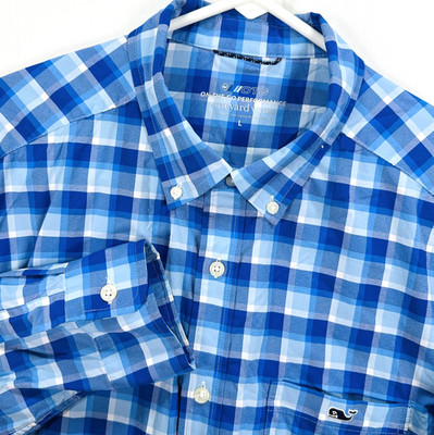 Vineyard Vines On-The-Go Performance Shirt Mens Large Blue Plaid Button Down