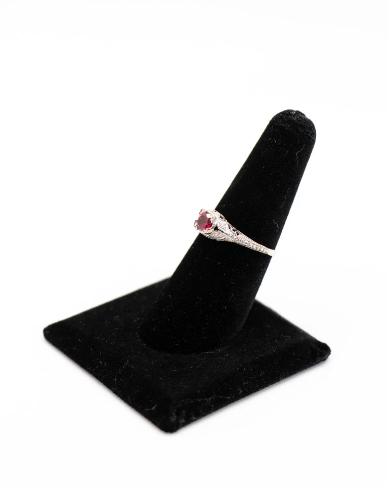 Art Deco Platinum Ring With Ruby And Diamond Gemstones - Unique Engagement Ring - Image 2 of 4