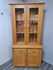 Large Solid Oak Tall Display Cabinet Shelves Cupboard With Glass Doors
