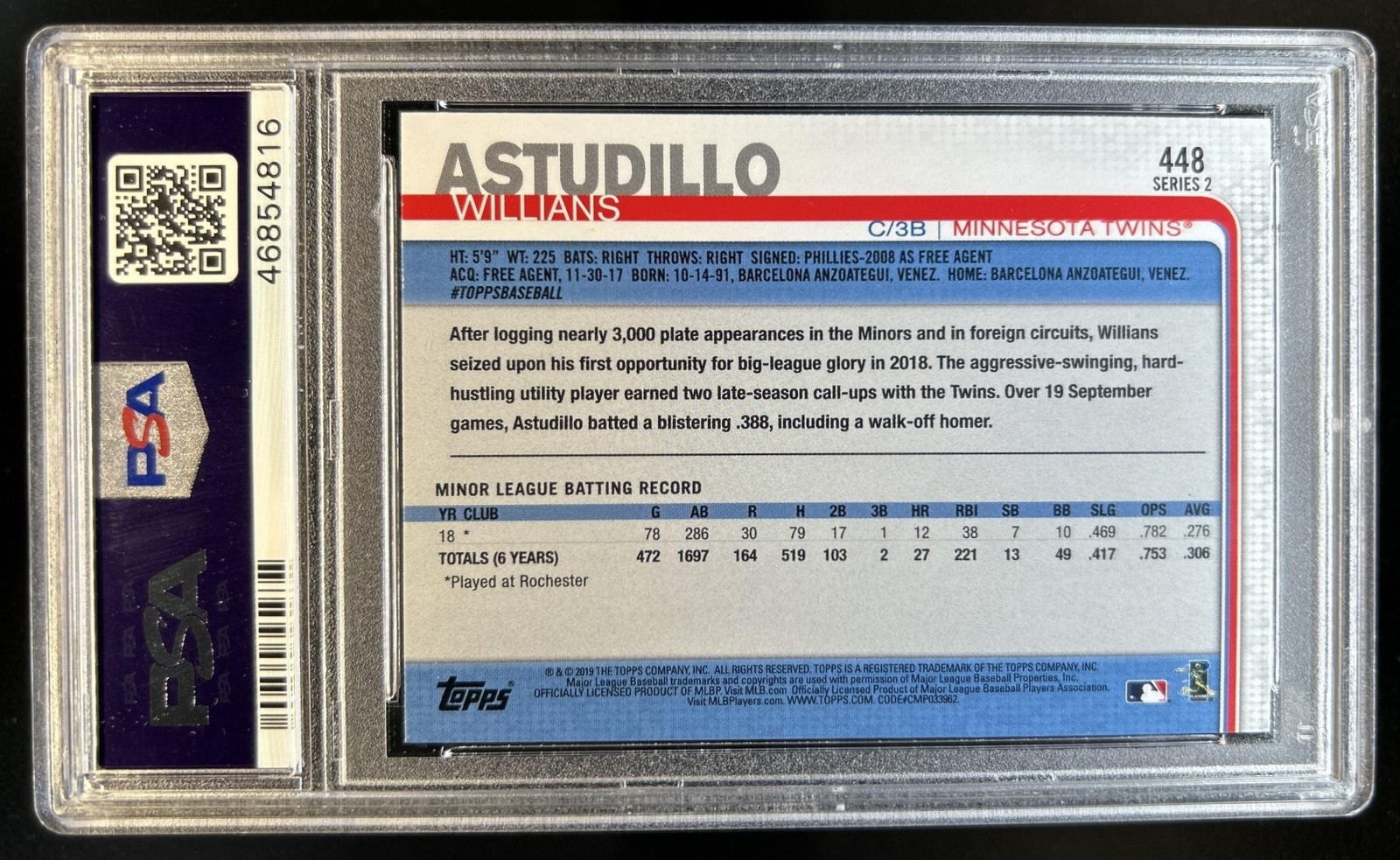 2019 Topps Willians Astudillo RC Rainbow Rookie #448 Twins PSA 10 GEM MINT view 2
