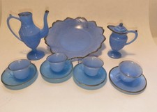 Vintage Hong Kong doll tea coffee set miniature blue plastic w/gold toy dishes