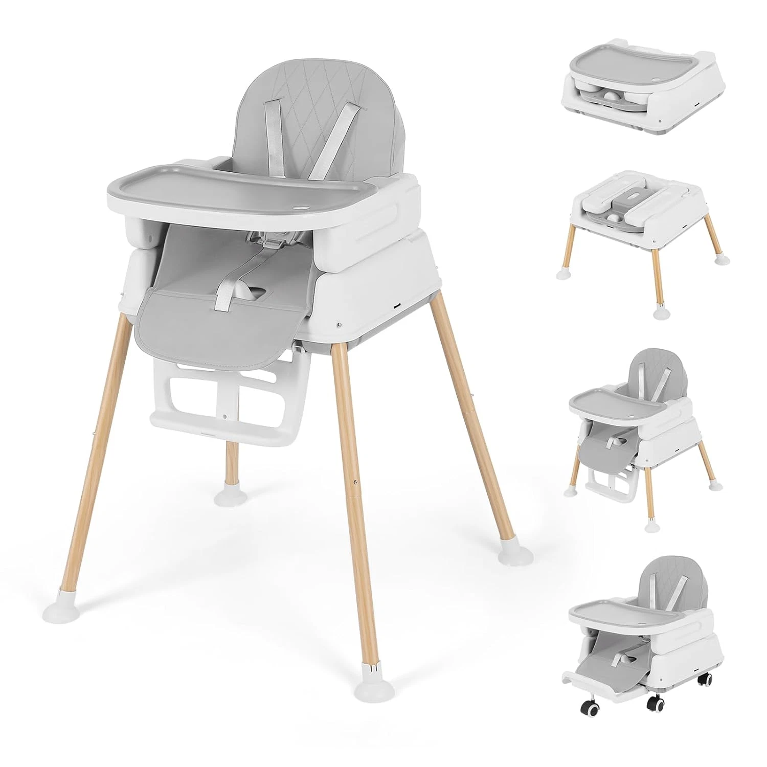 Silla Alta para Bebe 5 en 1 Convertible Plegable y Portatil con Bandeja Gris