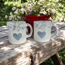 Love Blue Heart Country French Coffee Mug Cup Set Of 2 Collectible Gift Preowned