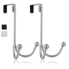 HFHOME 2Packs Over the Door Double Hanger Hooks, Metal Twin 2 Pack, Silver 2P