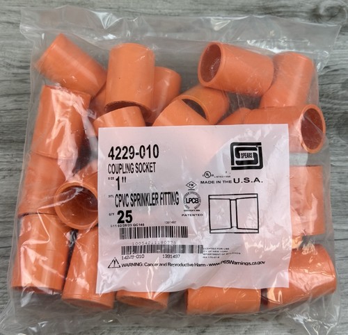 Spears 4229-010 1" CPVC FlameGuard Fire Sprinkler Coupling Socket Bag of 25 NEW