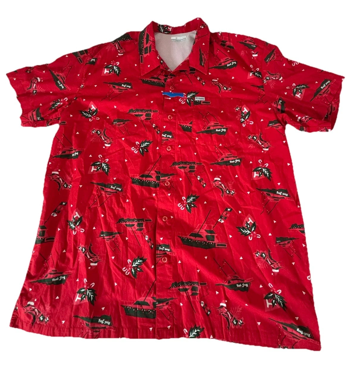 Columbia PFG Men’s 2XL Red Reel Joy Fishing Shirt Boat Print Short Sleeve