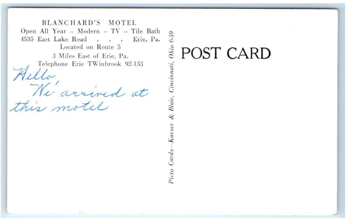 ERIE, PA Pennsylvania Roadside BLANCHARD'S MOTEL c1950s Postcard eBay